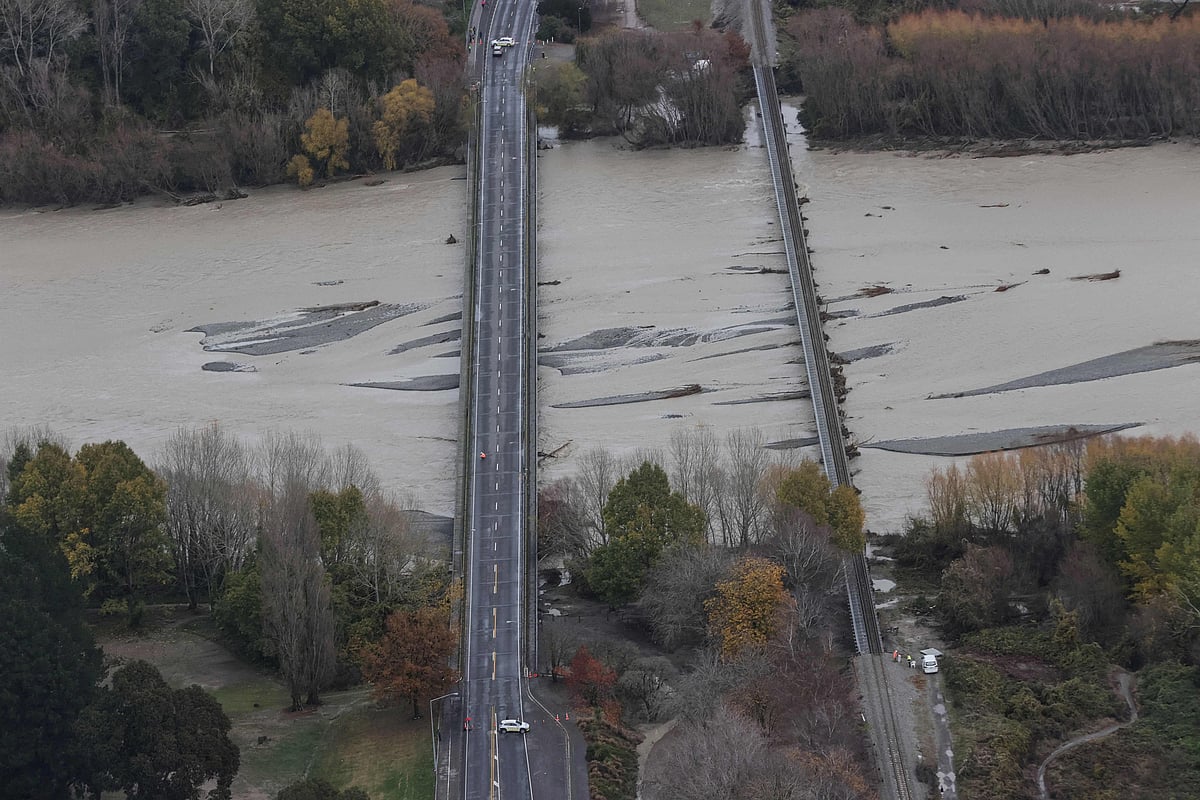 An aerial view taken from a New Zealand Defence Force helicopter on June 1, 2021 shows the flood damage after heavy rains washed away bridges and cut roads in the Canterbury region.