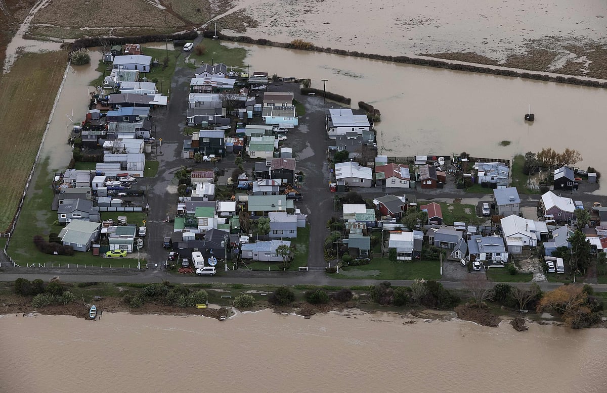 An aerial view taken from a New Zealand Defence Force helicopter on June 1, 2021 shows the flood damage after heavy rains washed away bridges and cut roads in the Canterbury region.