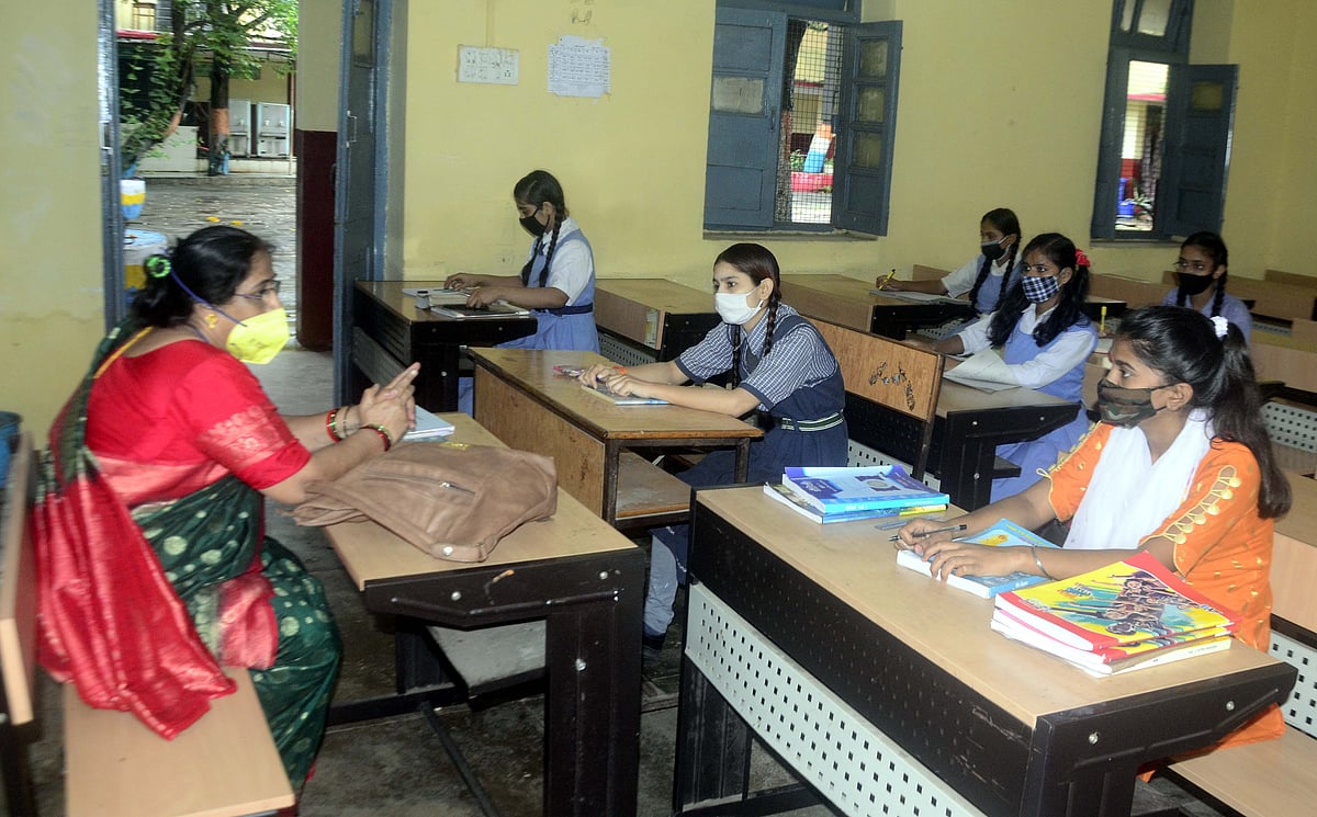 A class in progress at a school in Bhopal on Monday