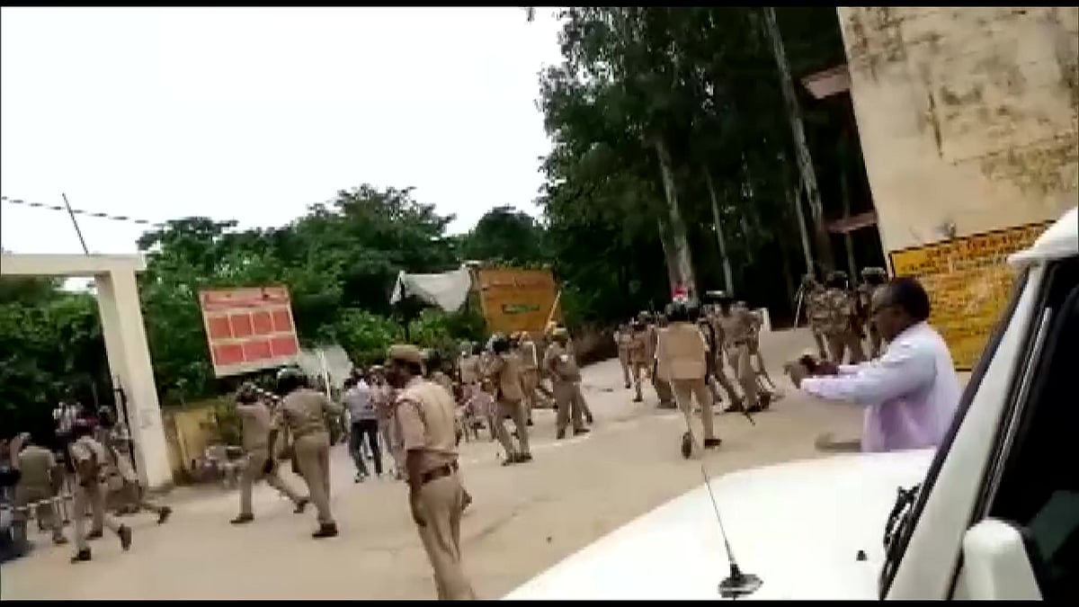 BJP workers and police clash in Basti during nomination filing of block president election on July 8, 2021.