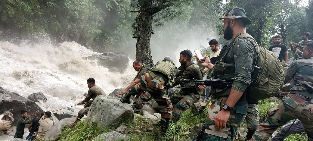 Indian Armys rescue operation is underway after a village was caught in a flash flood due to a cloudburst, in Kishtwar, Jammu and Kashmir on Wednesday.