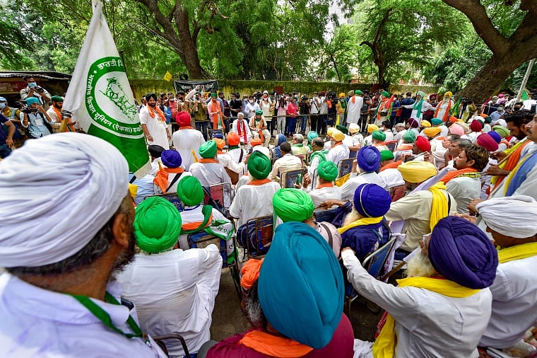 Farmers during Kisan Sansad at Jantar Mantar in New Delhi