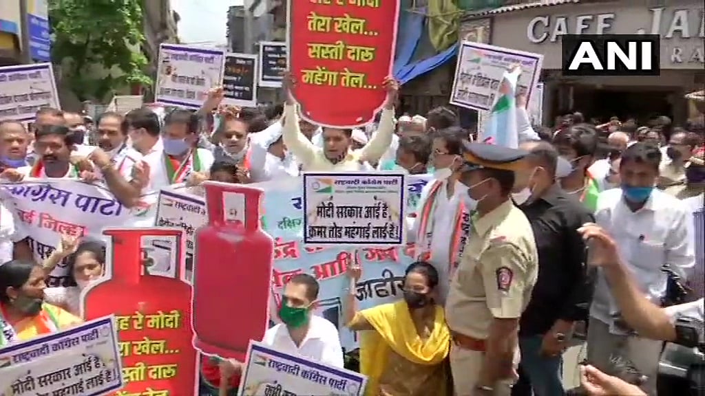 Nationalist Congress Party (NCP) workers detained during a protest against hike in LPG prices in Mumbai