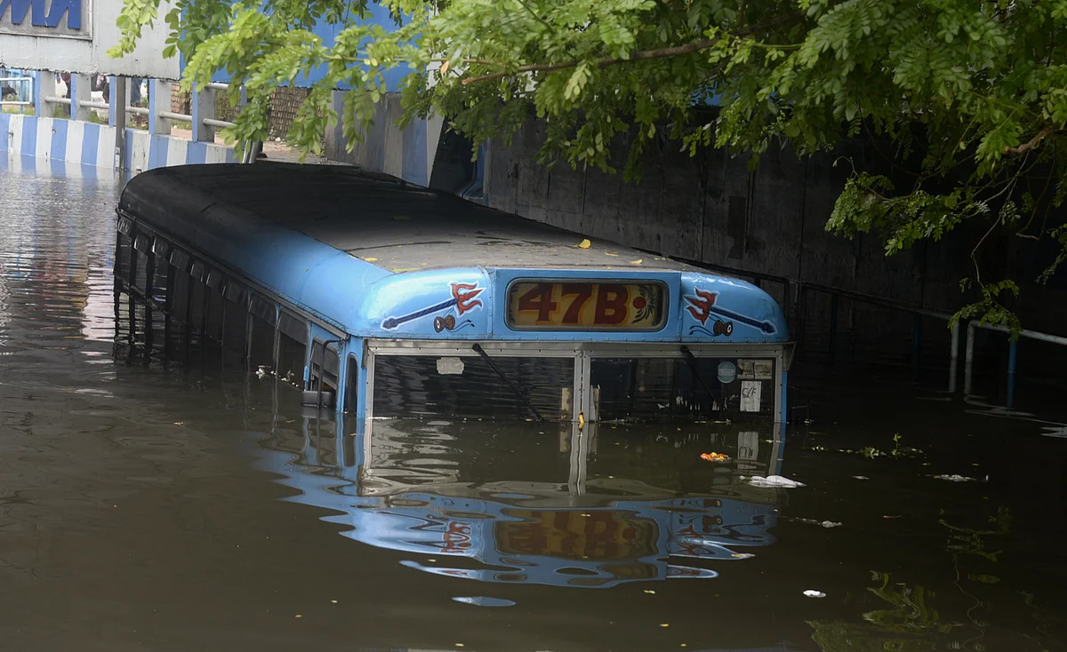 West Bengal, July 30 (ANI): A bus submerged on a waterlogged road after heavy rainfall, in Kolkata on Friday.