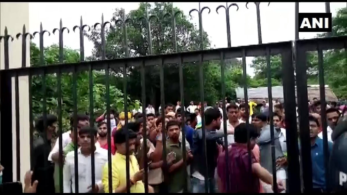 BJP workers and police clash in Basti during nomination filing of block president election on July 8, 2021.