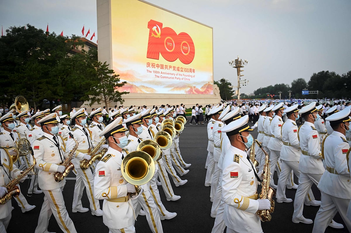 A Chinese military band arrives for celebrations in Beijing on July 1, 2021, to mark the 100th anniversary of the founding of the Communist Party of China.