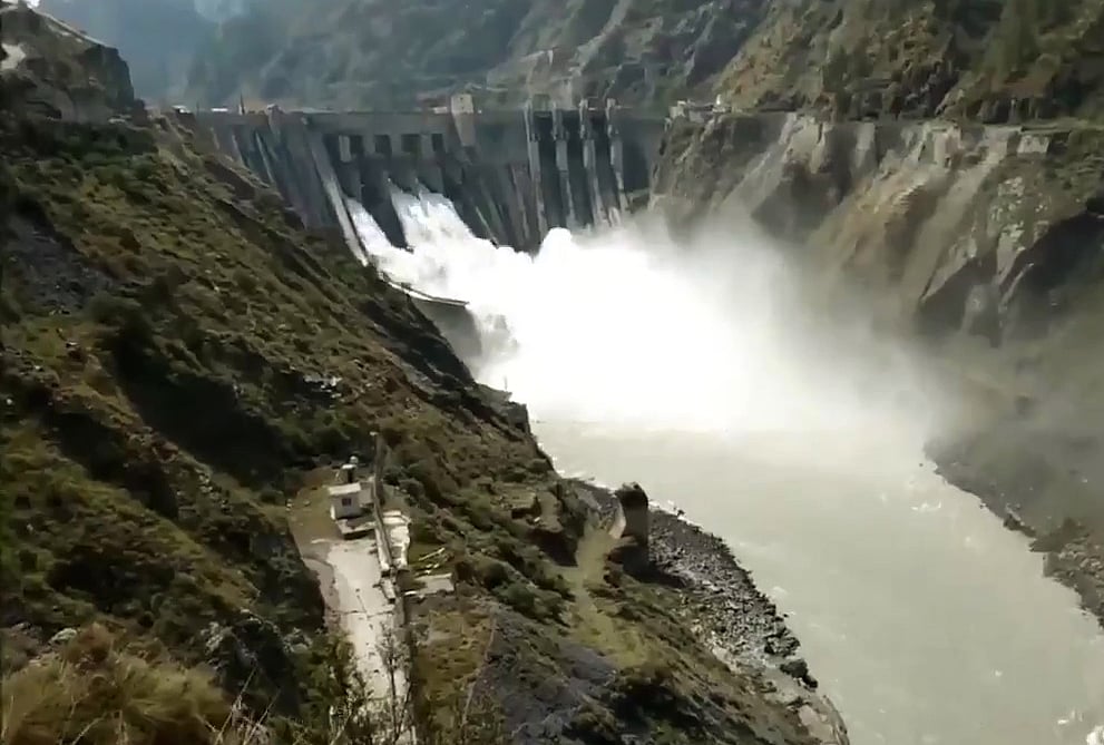Ramban district administration on high alert as The water level of Chenab river rises due to heavy rainfall, in Reasi, Jammu and Kashmir on Wednesday. 