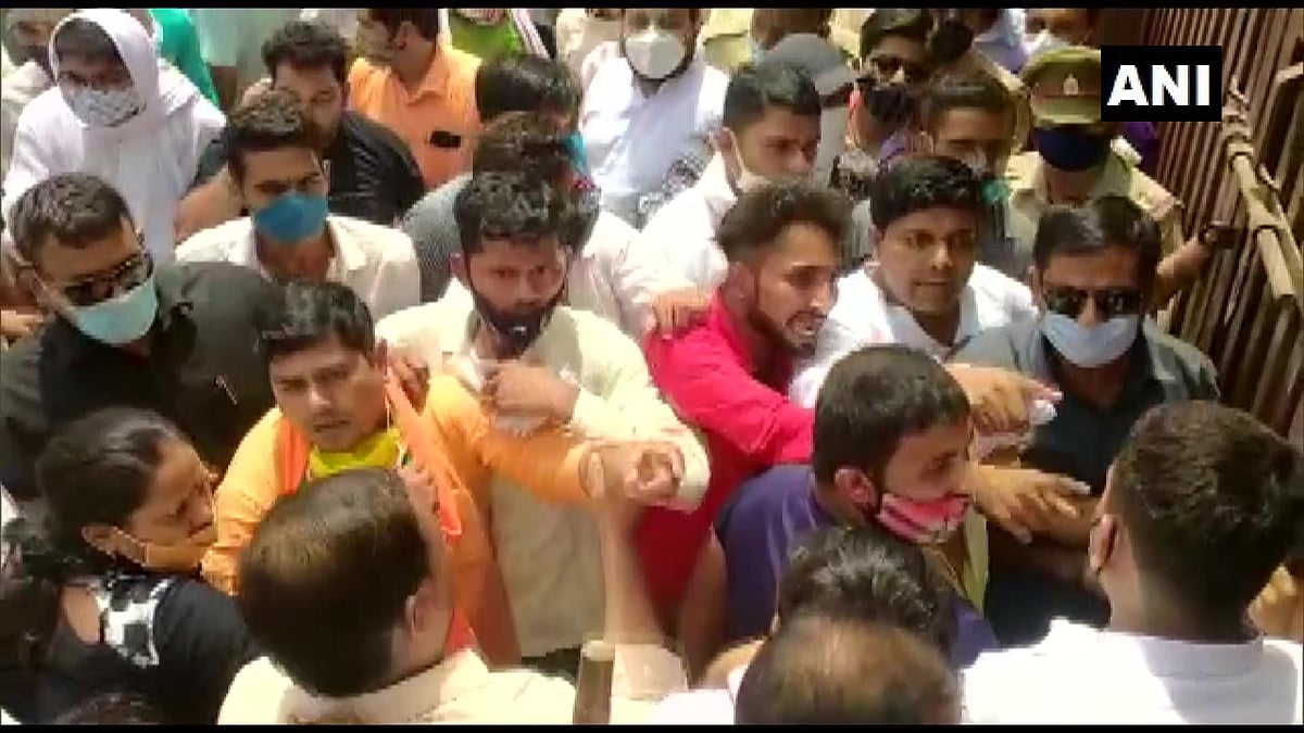 Supporters of a BJP & independent candidate clash in Bulandshahr during nomination filing for the block president election on July 8, 2021.