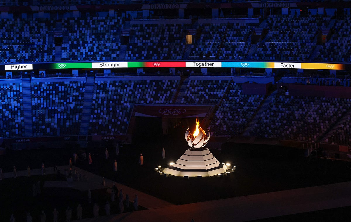 A general view shows the Olympic cauldron and the Olympic flame during the closing ceremony of the Tokyo 2020 Olympic Games, on August 8, 2021 at the Olympic Stadium in Tokyo, Japan.
