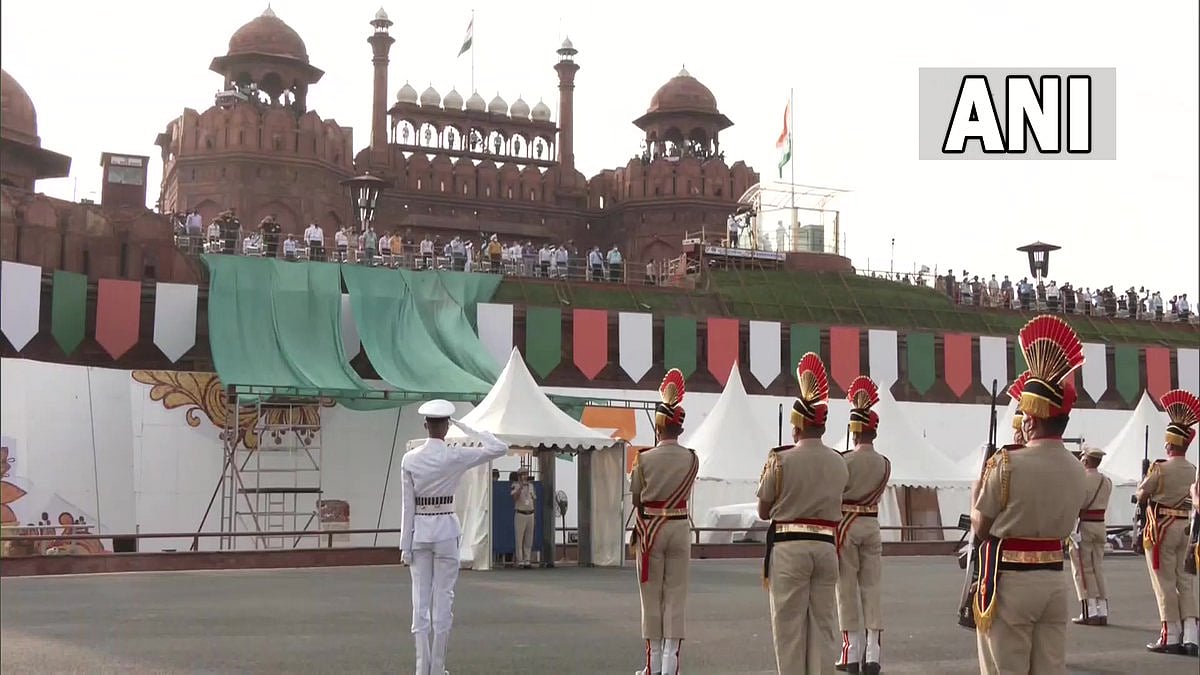 Marching contingents during the full dress rehearsal for the 75th Independence Day celebrations
