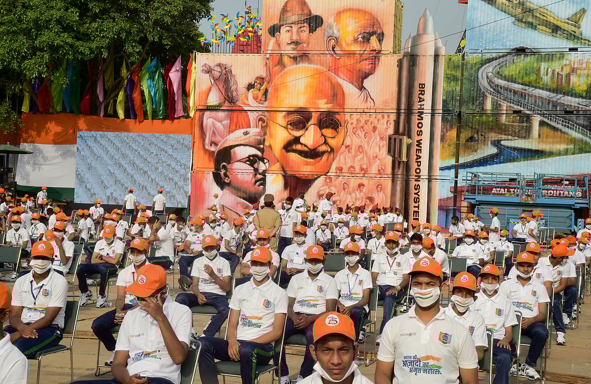 School children during the full dress rehearsal for the 75th Independence Day celebrations at Red Fort
