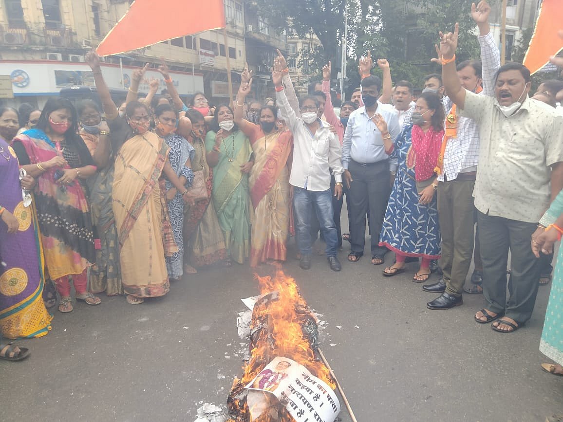 Shiv Sena supporters stage protest Narayan Rane over his remarks against Maharashtra Chief Minister Uddhav Thackeray near Opera house, Mumbai on Tuesday, August 24, 2021.