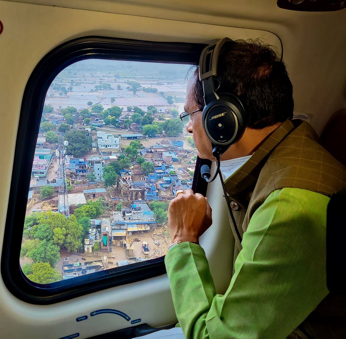 Chief Minister Shivraj Singh Chouhan conducts aerial survey of flood-affected areas of the state, in Datia district.