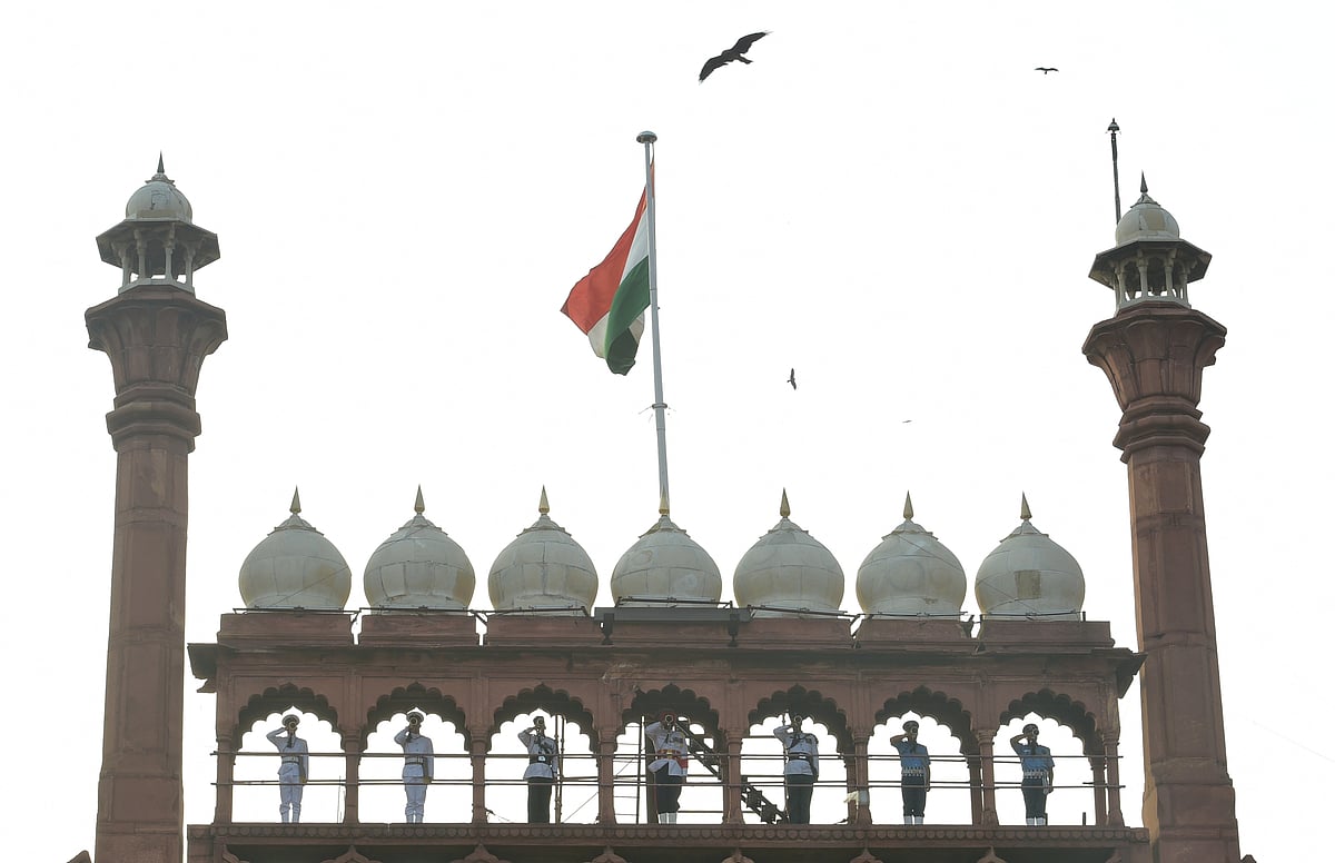 Military bands participating during the Full Dress Rehearsal of the 75th Independence Day celebrations at Red Fort