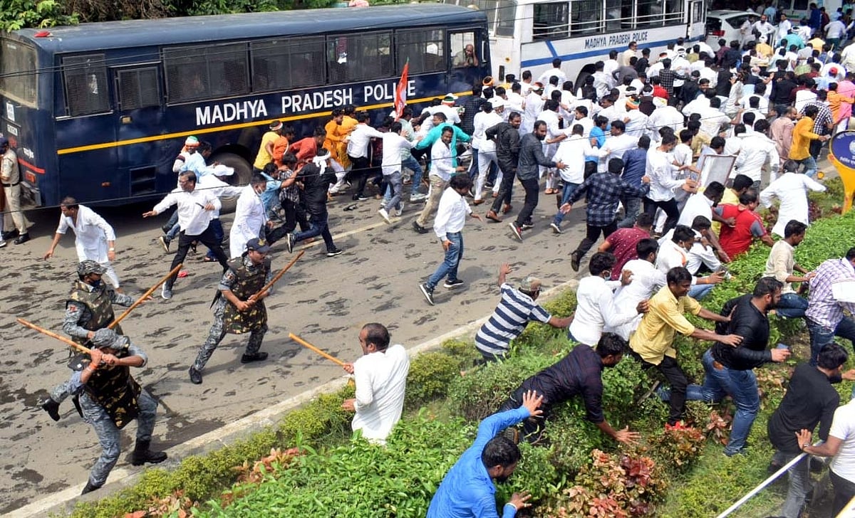 NO CARROTS, ONLY STICKS: Police lathicharge on Youth Congress workers as they take to streets protesting against inflation and unemployment in Bhopal on Wednesday