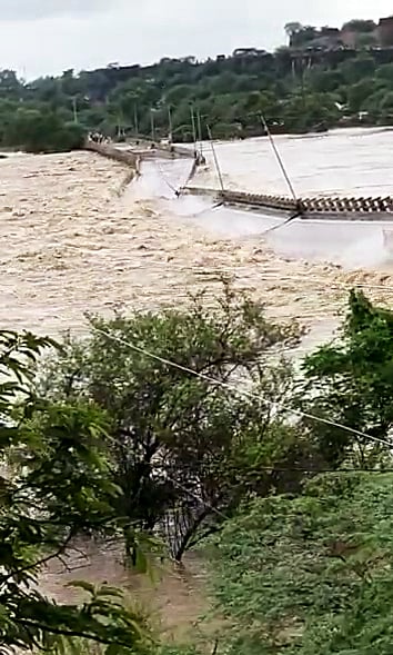 The bridge of Sankua on the Sindh river washes away in the strong flow of water, in Datia on Wednesday. (ANI Photo)