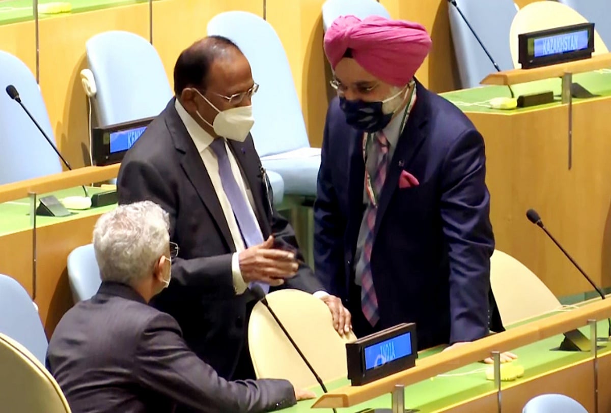 External Affairs Minister Dr S Jaishankar, NSA Ajit Doval, and Indias Ambassador to the UN TS Sandhu at the UN Headquarters, ahead of PM Narendra Modis address at UNGA, in New York.