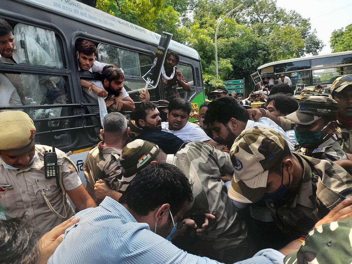 National Students' Union of India (NSUI) holds protest outside the residence of Union Education Minister Dharmendra Pradhan over alleged IIT-JEE (Main) 2021 fraud