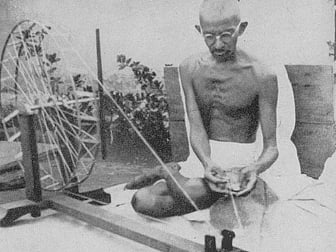 Gandhi at the wheel in Sabarmati Ashram in 1925