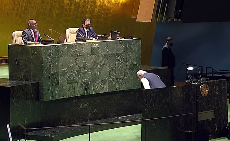 Prime Minister Narendra Modi during the 76th Session of the United Nations General Assembly, in New York on Saturday