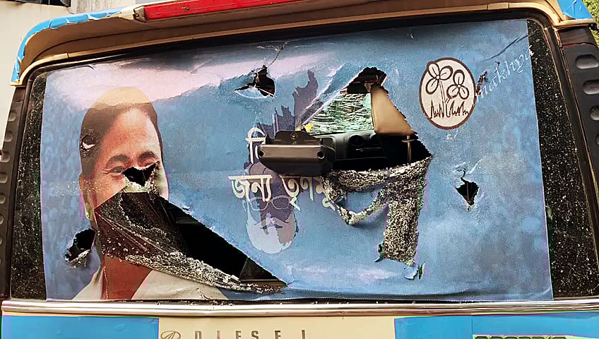 Tripura, Oct 22 (ANI): An ill-fated car of Trinamool Congress (TMC) leader Sushmita Dev after being allegedly attacked by Bharatiya Janata Party (BJP) supporters, in Amtali on Friday.