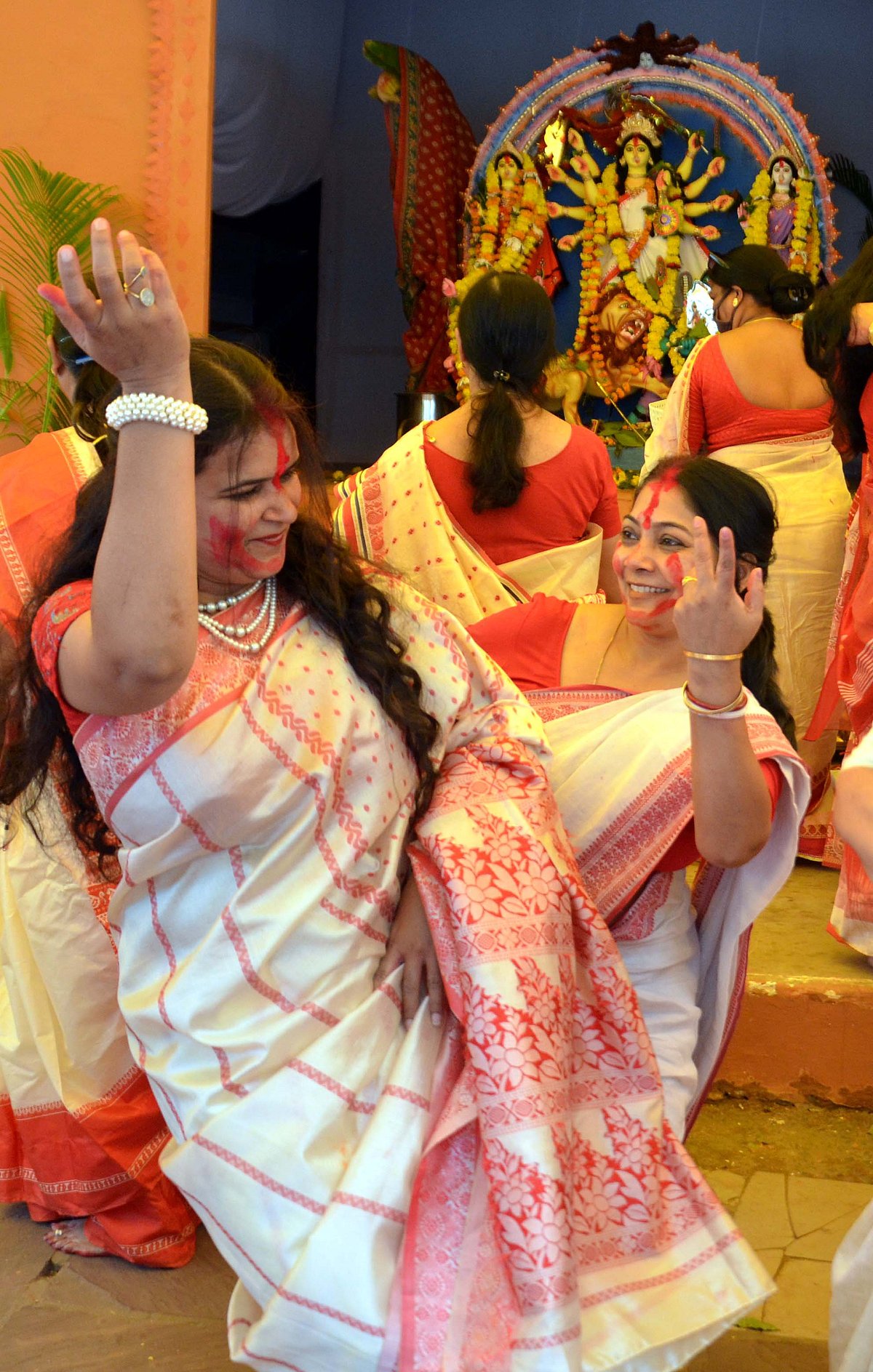 Female members of the Bengali Association Bhopal during Sindoo Khela at Durga Pandal, Kali Bari , TT Nagar Bhopal on Friday