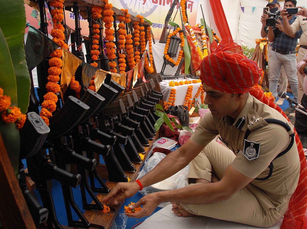DIG Irshad Wali performs Shashtra-Puja at Police Line, Nehru Nagar on occasion of Dussehra on Friday.