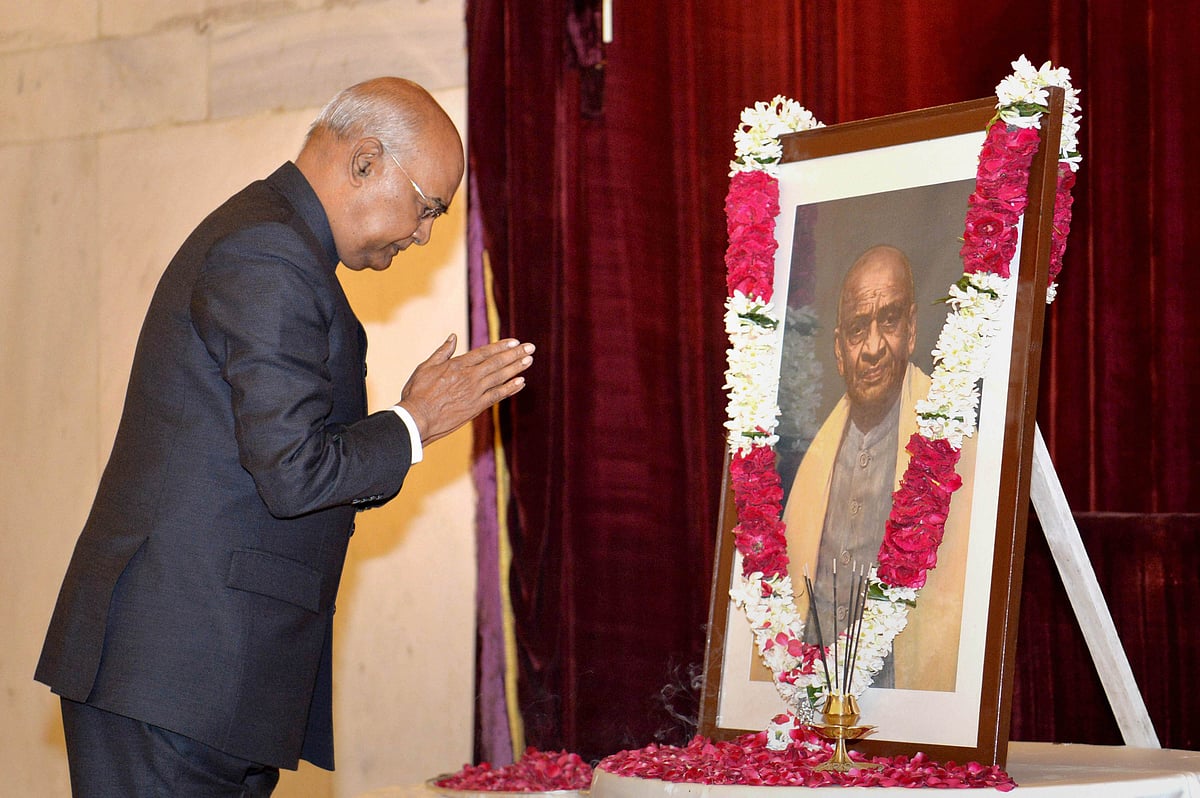 President Ram Nath Kovind pays homage to Sardar Vallabhbhai Patel on his birth anniversary at Rashtrapati Bhavan, in New Delhi, Sunday, Oct. 31, 2021.