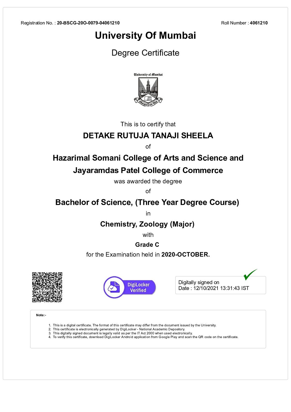 A sample certificate accessed through digi locker