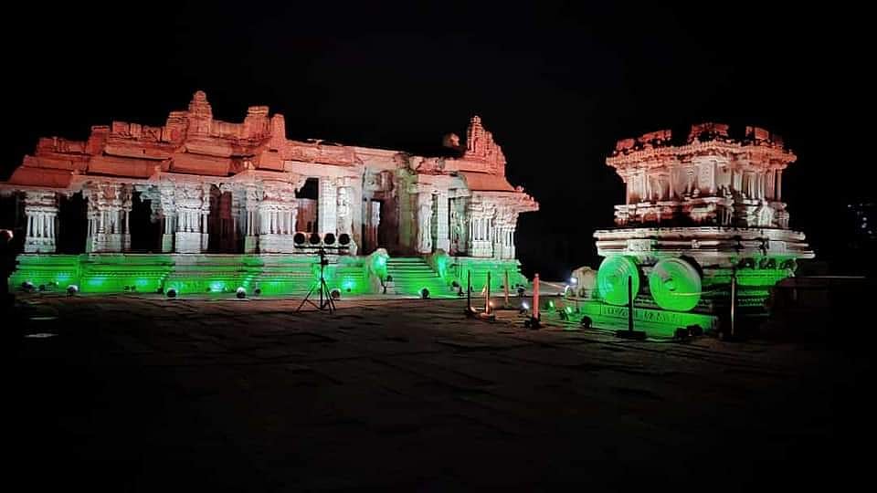 Illumination of monuments at Hampi, the world heritage site, the citadel of Vijayanagar empire in 15 and 16 century.

