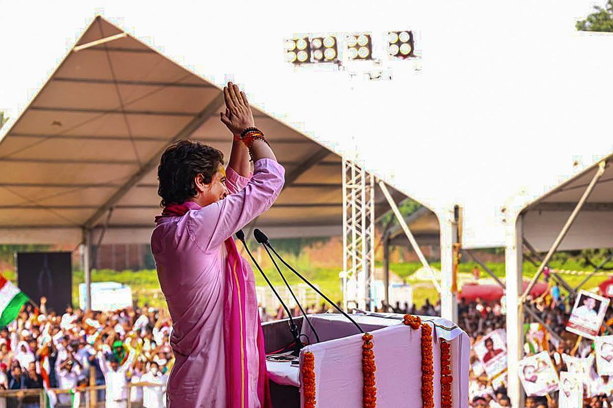 Varanasi: Congress General Secretary Priyanka Gandhi Vadra speaks during Kisan Nyay Rally, in Varanasi, Sunday, Oct. 10, 2021.