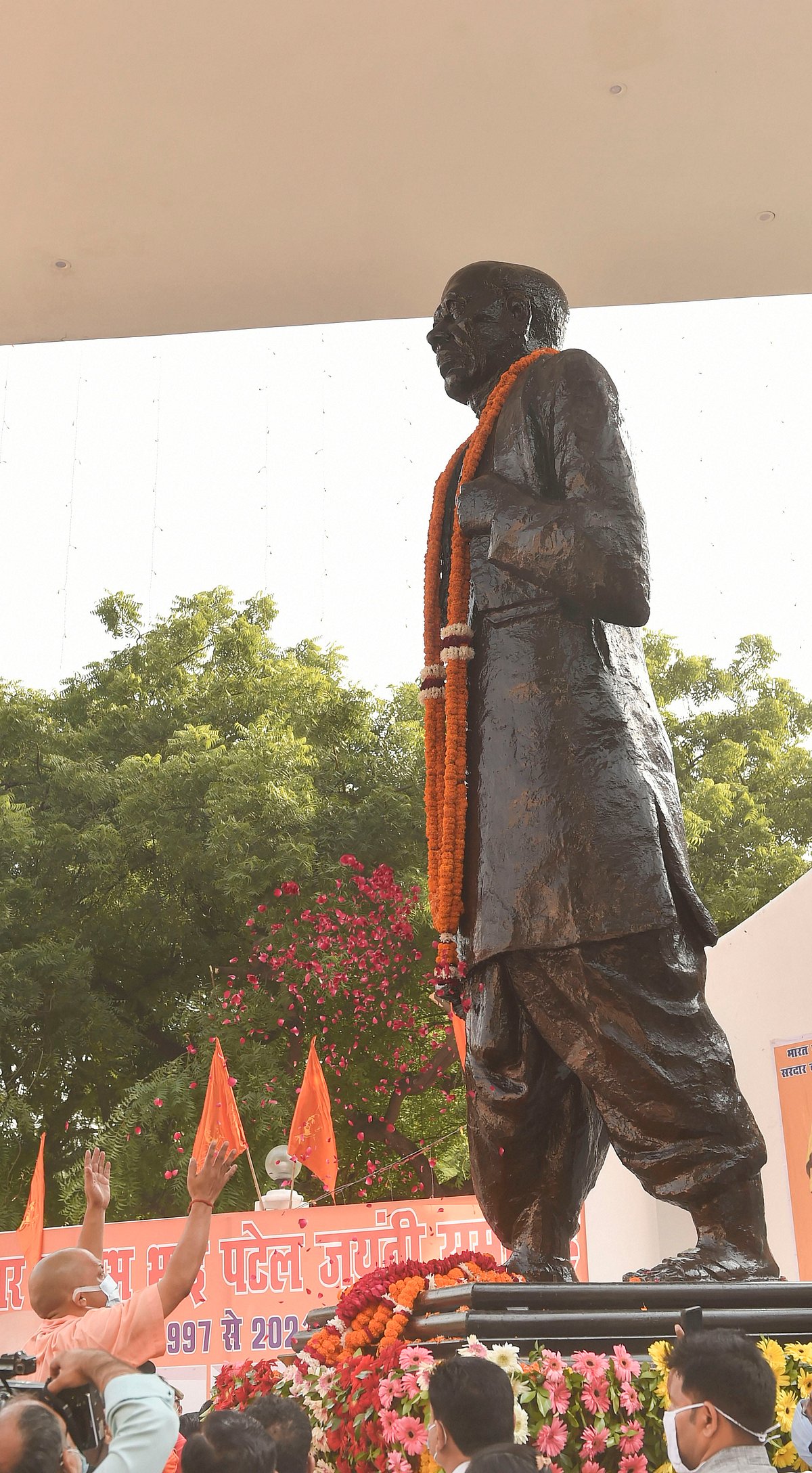 Uttar Pradesh Chief Minister Yogi Aditiyanath pays tribute to Sardar Vallabhbhai Patel on his birth anniversary to mark the day as National Unity Day in Lucknow, Sunday, Oct. 31, 2021.
