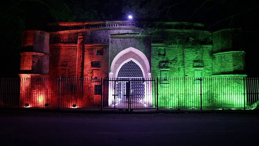 Remains of Fort in Dimapur, Nagaland (Kachari ancient ruins of 15th Century) fully illuminated celebrating India achieving 100 cr Covid vaccination coverage
