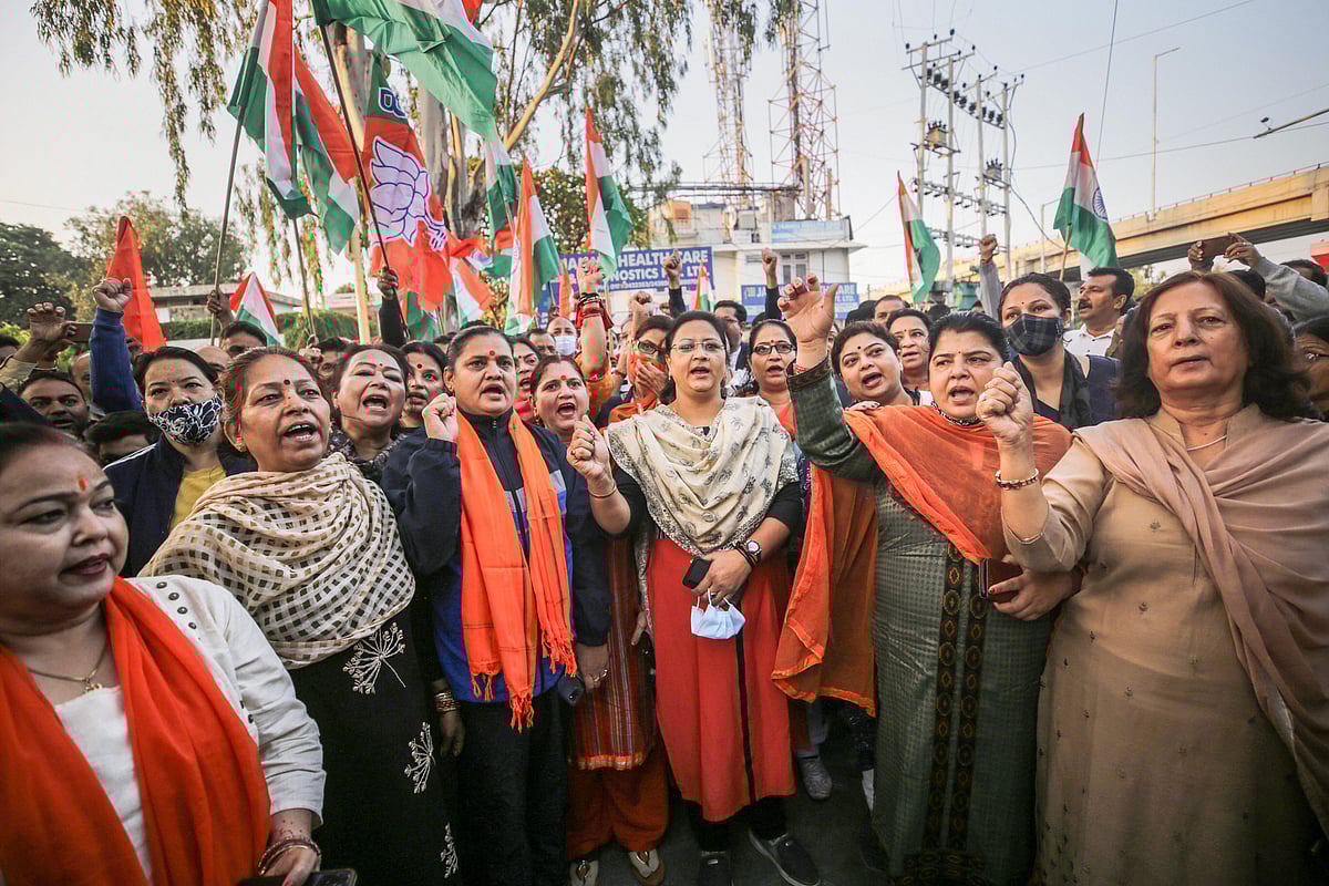 Bharatiya Janata Party woman members participate in a Run For Unity event on 146th birth anniversary of Sardar Vallabhbhai Patel, in Jammu, Sunday, Oct 31, 2021.