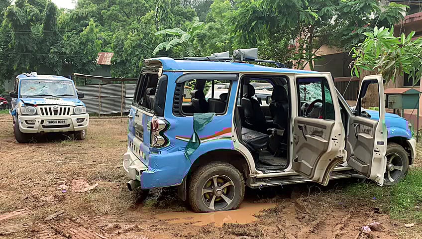Tripura, Oct 22 (ANI): An ill-fated car of Trinamool Congress (TMC) leader Sushmita Dev after being allegedly attacked by Bharatiya Janata Party (BJP) supporters, in Amtali on Friday.
