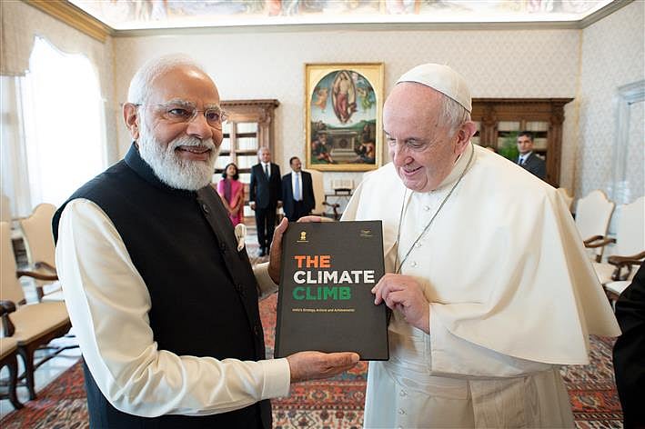 PM Modi gifts specially-made silver candelabra and a book on India's climate initiatives to Pope Francis in one-on-one meeting