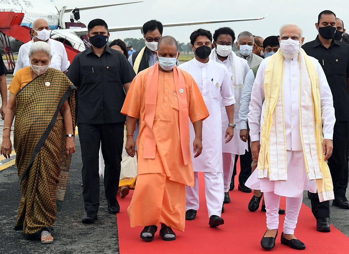 Prime Minister Narendra Modi at Kushinagar International Airport, in Kushinagar on Wednesday. Uttar Pradesh Chief Minister Yogi Adityanath, Governor of Anandiben Patel among others present