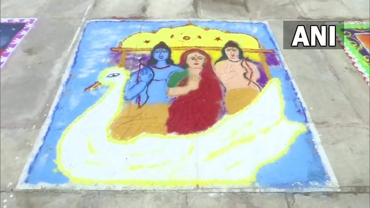 Students of Avadh University made rangolis at Ram Ki Paidi ahead of Deepotsava.
