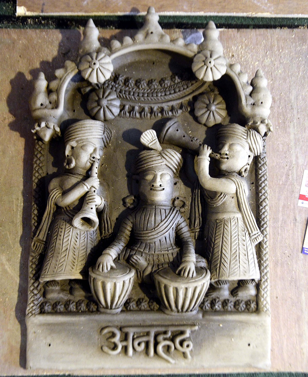 Artisan Dinesh Chandra Kumhar, recipient of national award from Rajasthan, has made terracotta works themed on the three wings of Bharat Bhavan - Anhad, Vagarth and Chavi. 