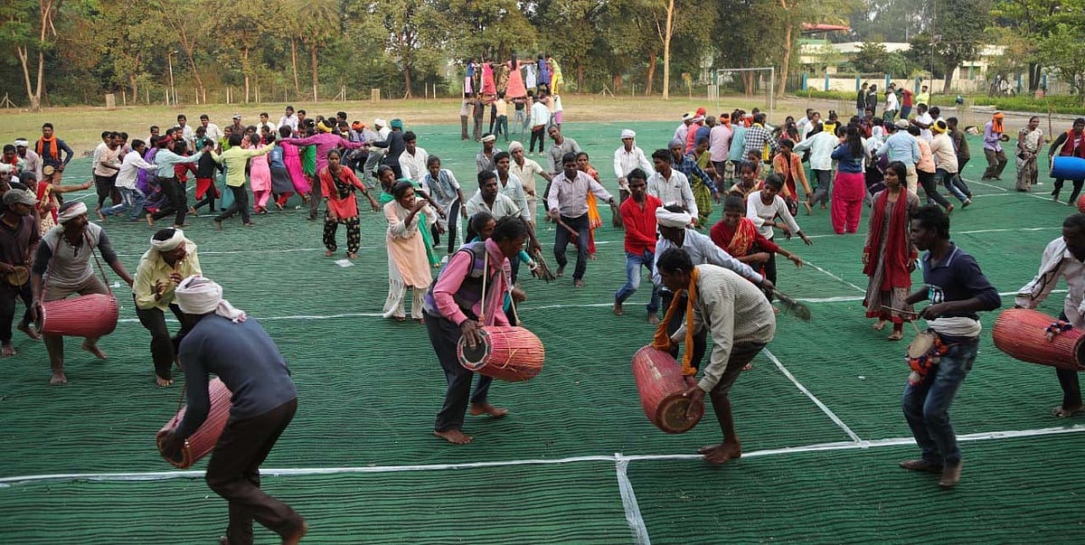 Tribal artistes rehearsing at t AICUF Ashram in Arera Colony for Janjatiya Gaurav Diwas which will be attended by PM Narendra Modi . 