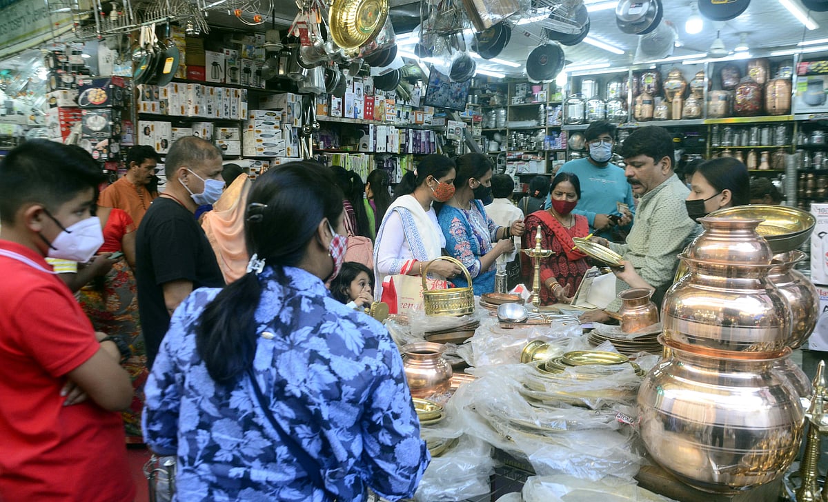 People shopping on occasion of Dhanteras in Bhopal on Tuesday.