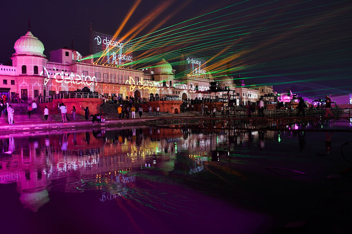 A laser show organized ahead of the Diwali festival in Ayodhya, Tuesday, Nov. 2, 2021.