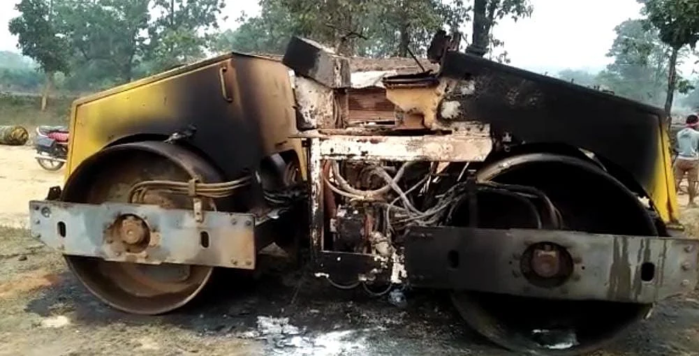 Burned road roller