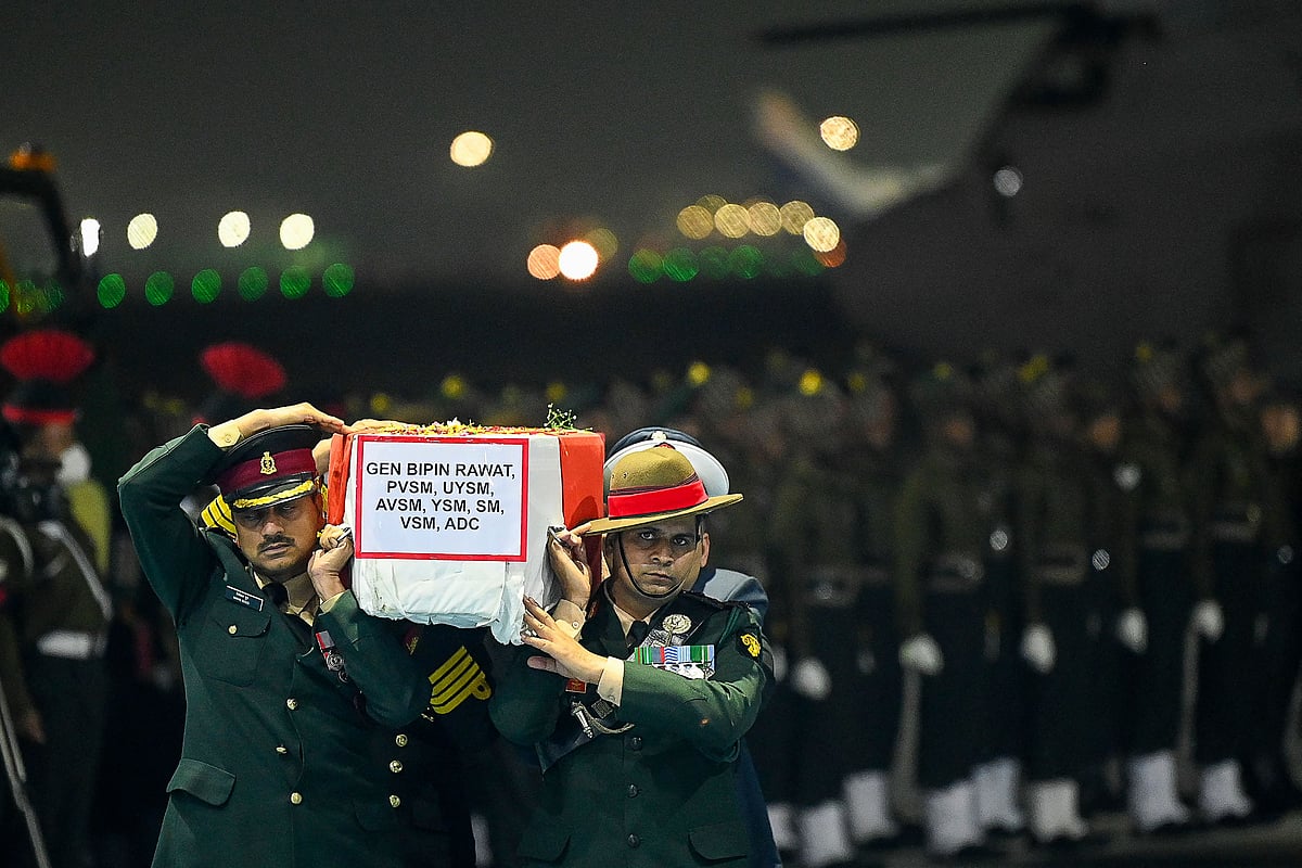 Mortal remains of CDS General Bipin Rawat and 12 others placed at Palam airbase; see pics 