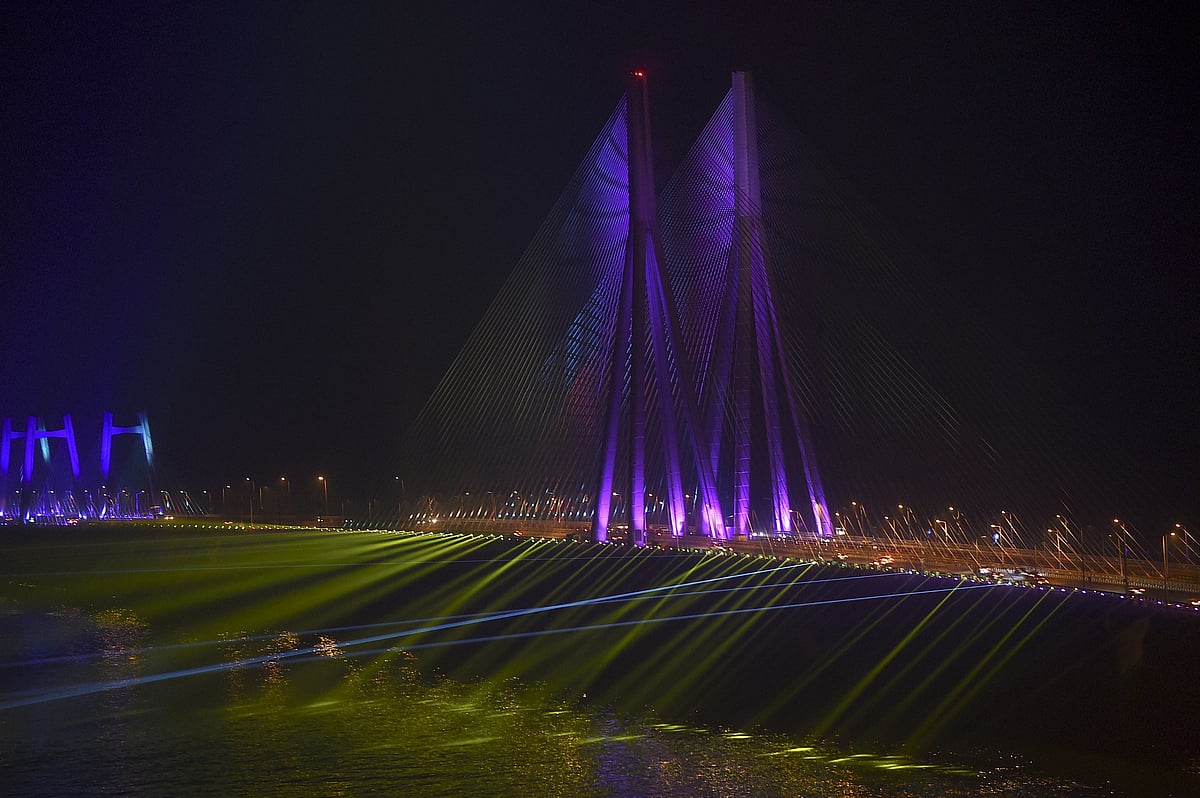 Mumbai: Laser show at Bandra-Worli sealink on New Years eve in Mumbai, Friday, Dec. 31, 2021