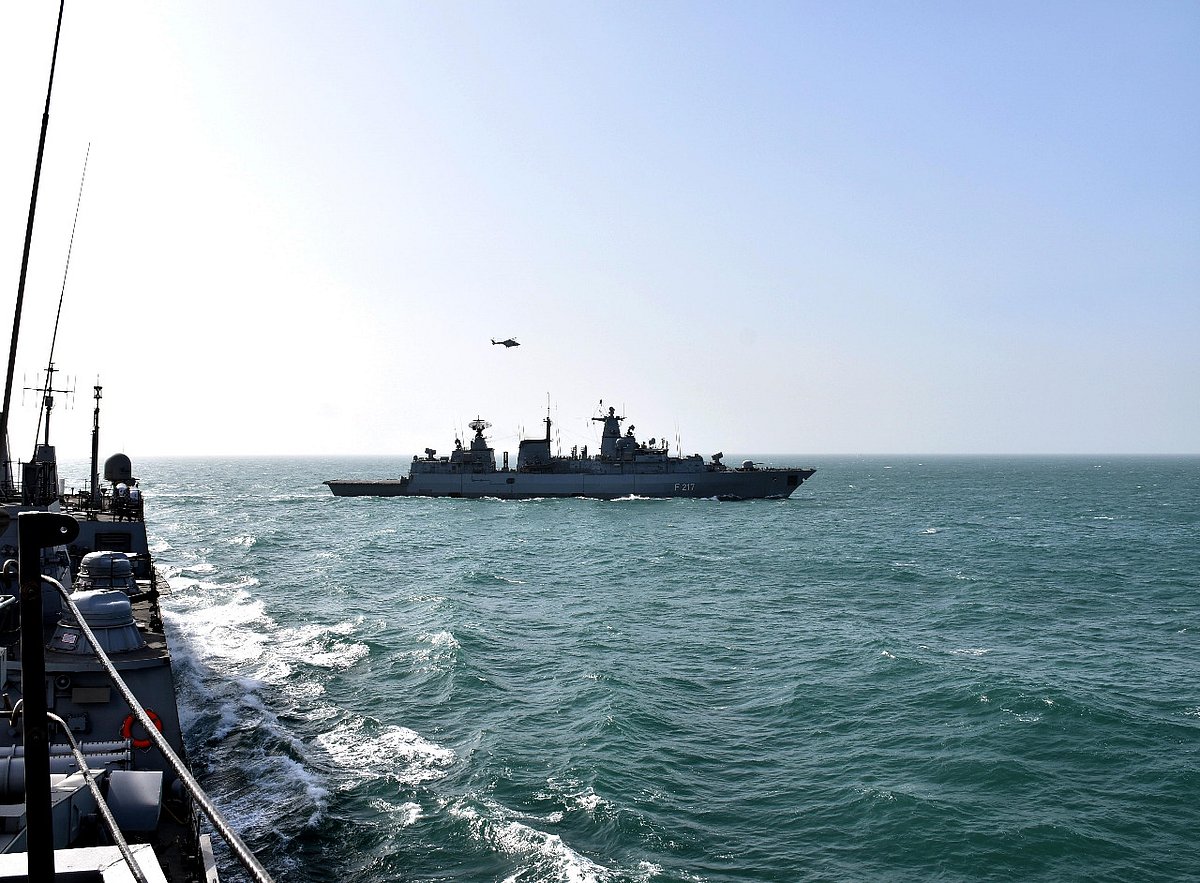 FGS Bayern participates in a maritime partnership exercise with stealth guided missile destroyer INS Visakhapatnam in the Arabian Sea