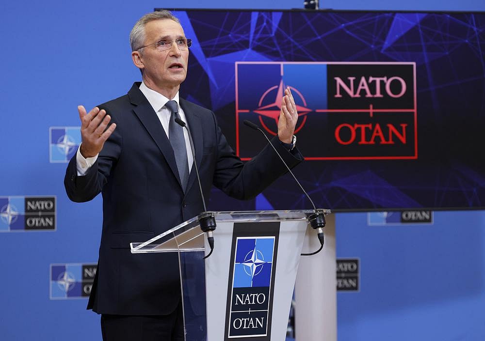 NATO Secretary General Jens Stoltenberg speaks during a media conference after an extraordinary meeting of NATO Ministers of Foreign Affairs via video link at NATO headquarters, in Brussels | AP