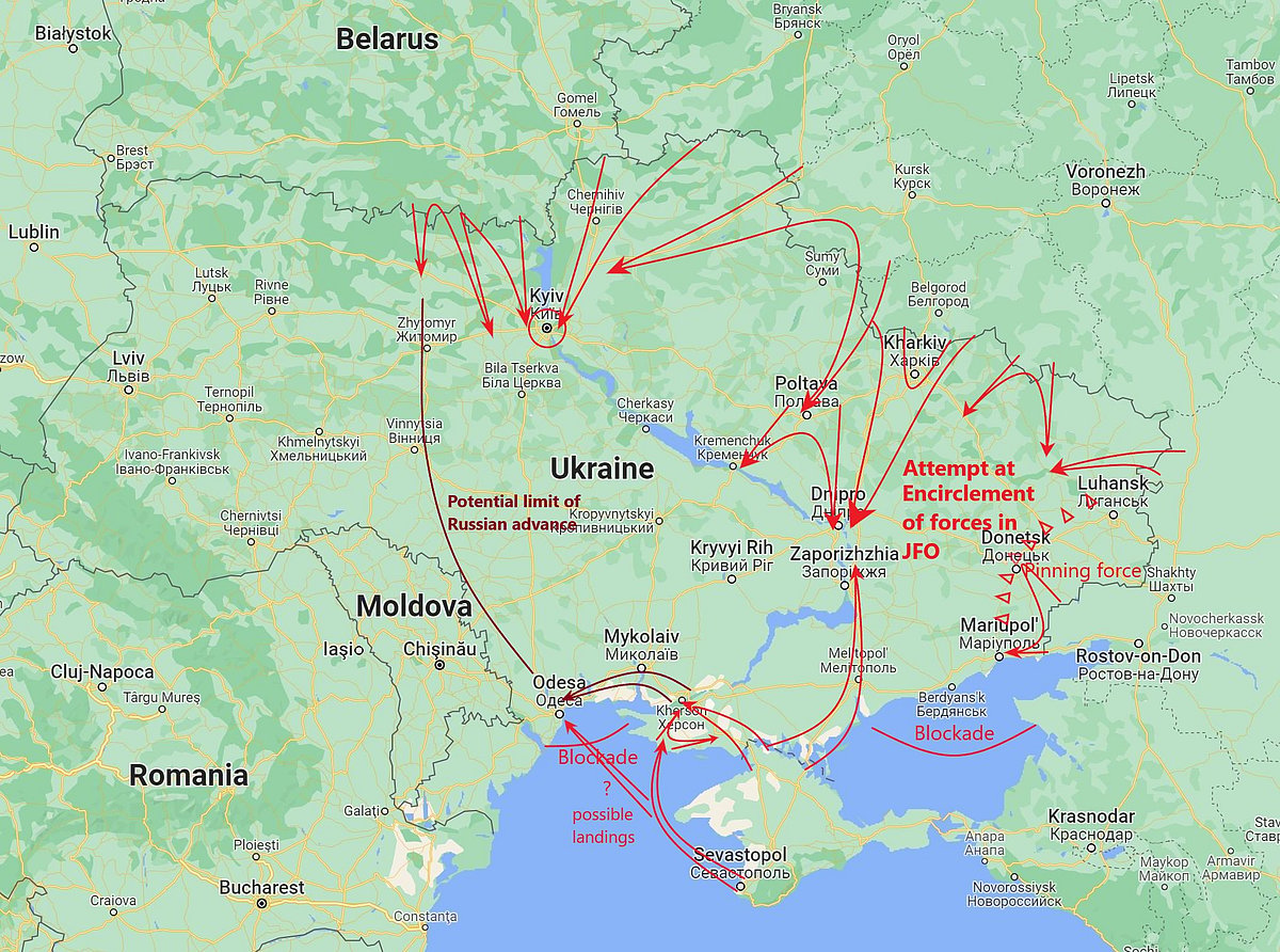 A map of what a full-scale Russian multi-pronged military operation may look like
