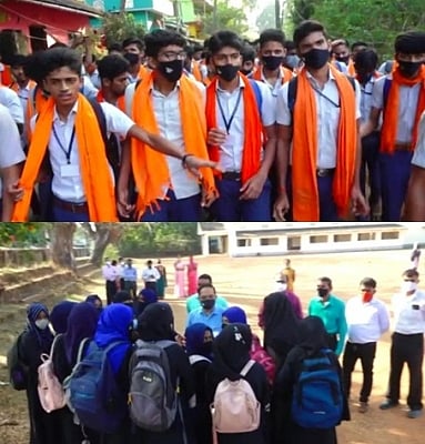 Hijab row: Students protest wearing saffron shawls & hijabs