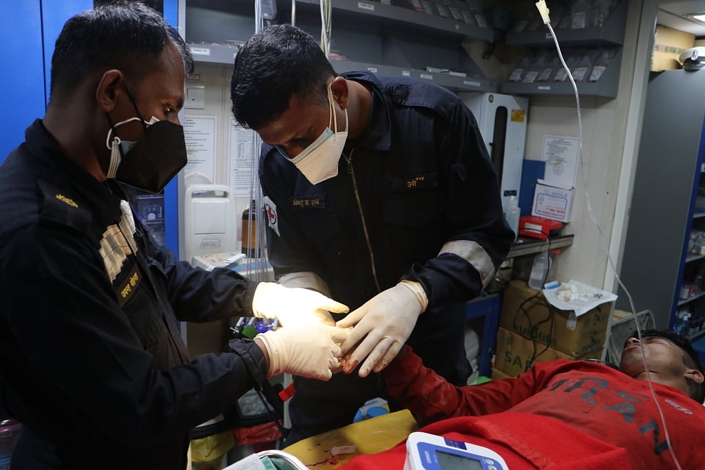 Once in stable condition, the fisherman was transferred back to his colleagues with sufficient cooked food provided to the boat's crew